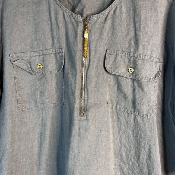 Ellen Tracy Scoop Neck Gold 1/4 Zip 3/4 Sleeve 100% Linen Side Slit Blouse LG - Picture 3 of 10